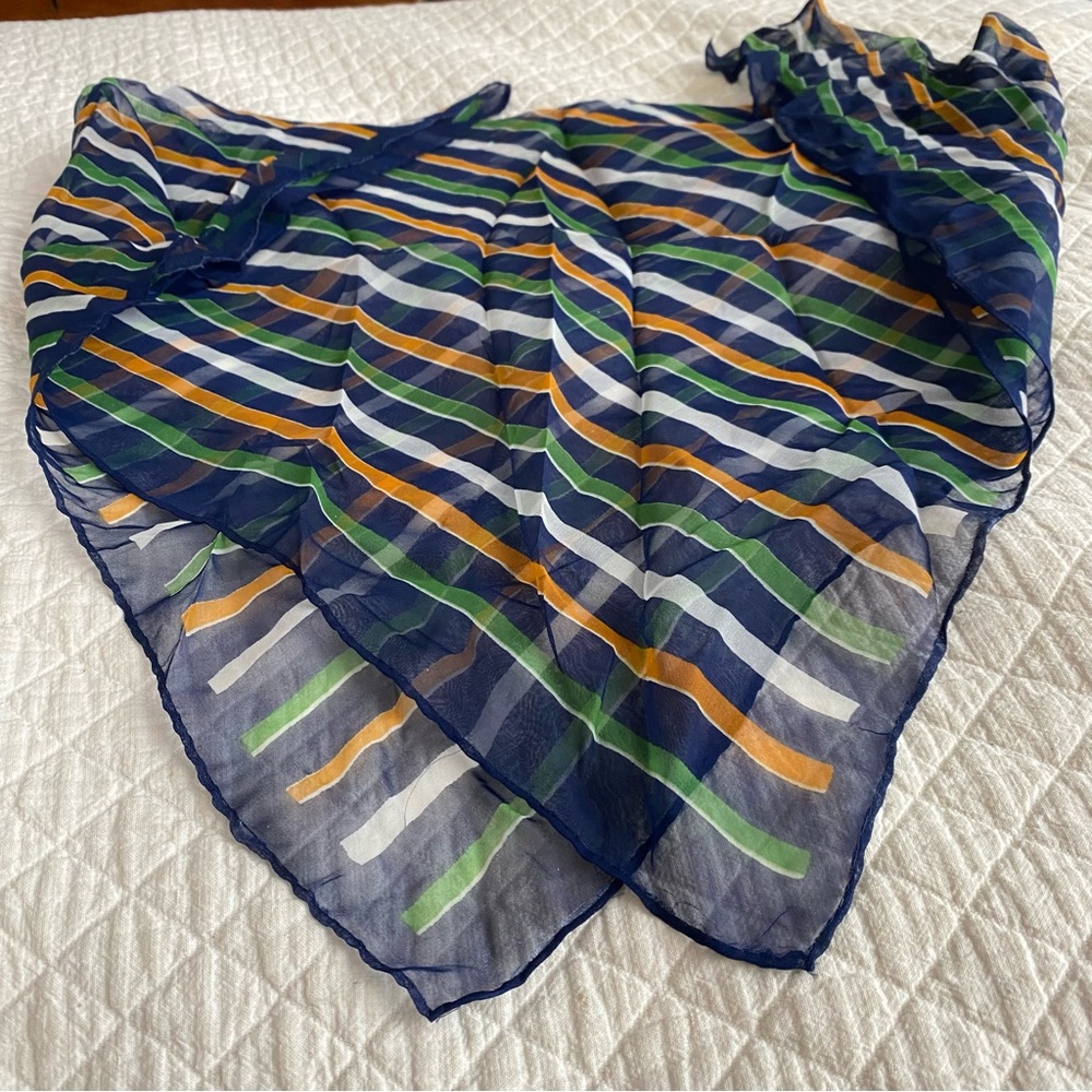Striped Navy Green Yellow Sheer Square Scarf Nautical Spring Floaty Preppy